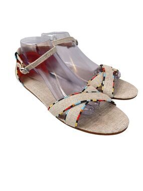 TOMS Correa Burlap Sandals Womens 9.5 Beaded Strappy Neutral Resortwear Casual